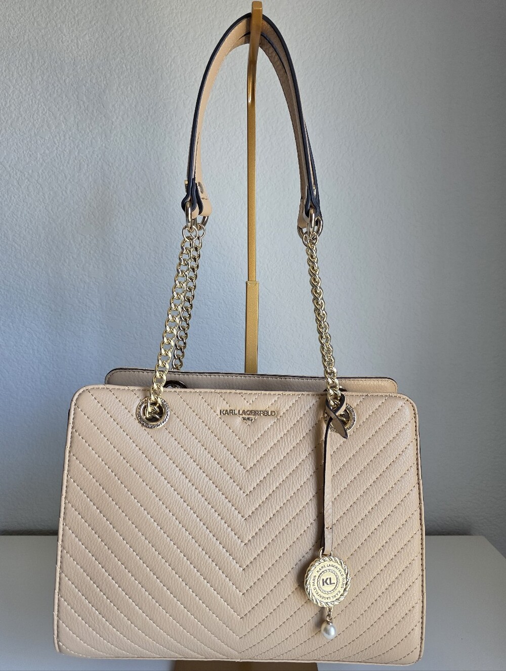 Karl Lagerfeld Paris Charlotte Chevron Quilted Leather Tote, Beige, Like New